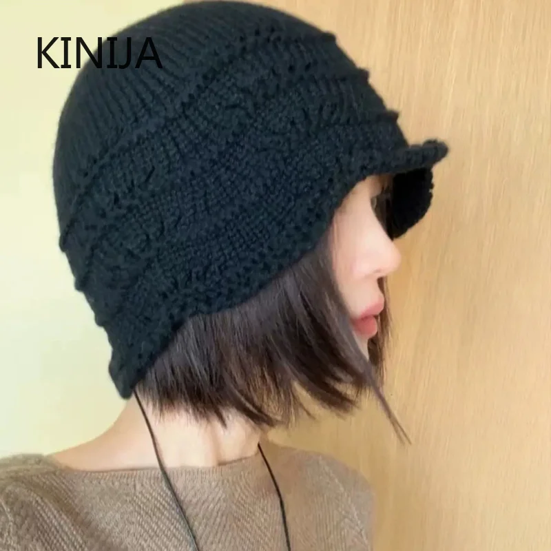 New Knitted Bucket Hat for Women Wavy Ruffled Ear Protection Soft Warm Cap Vintage Knit Fisherman Hat Lightweight Daily Headwear