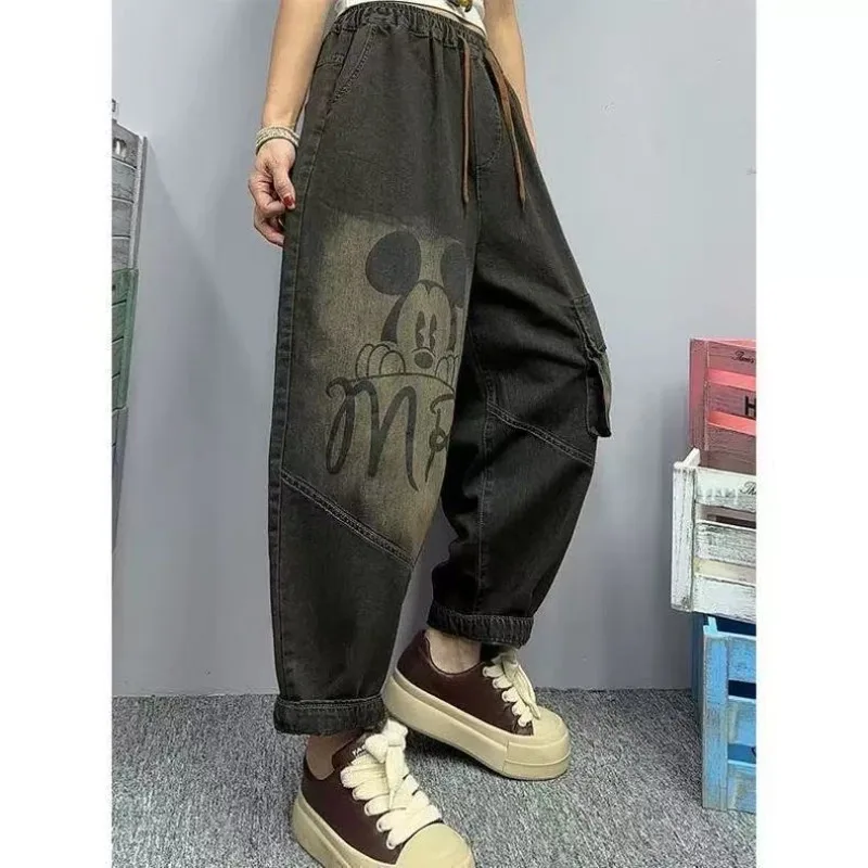 

2026 Mickey Wide-Leg Jeans Women, Spring New Washed Denim, Loose Harlan Style, Retro Korean Casual Ankle-Length Plus Size Pants