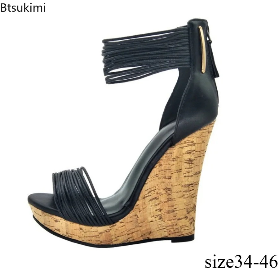 Fashionable Women's Sexy Striped High-heeled Sandals Black Matte Wedge Leather Sandal Party Nightclub Open Toe High-heeled Shoes