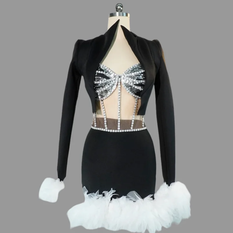 

goNew style suit diamond bra black 3piece fashion party club DS birthday outfits for women stage performance drag queen costume