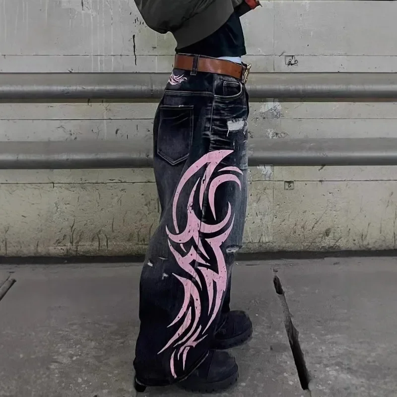 الشارع الشهير المطبوعة Y2k الجينز الرجال الشباب الهيب البوب فضفاض جان النساء للجنسين موضة بنطال ذو قصة أرجل واسعة موضة Y2k الملابس الدنيم بانت #2