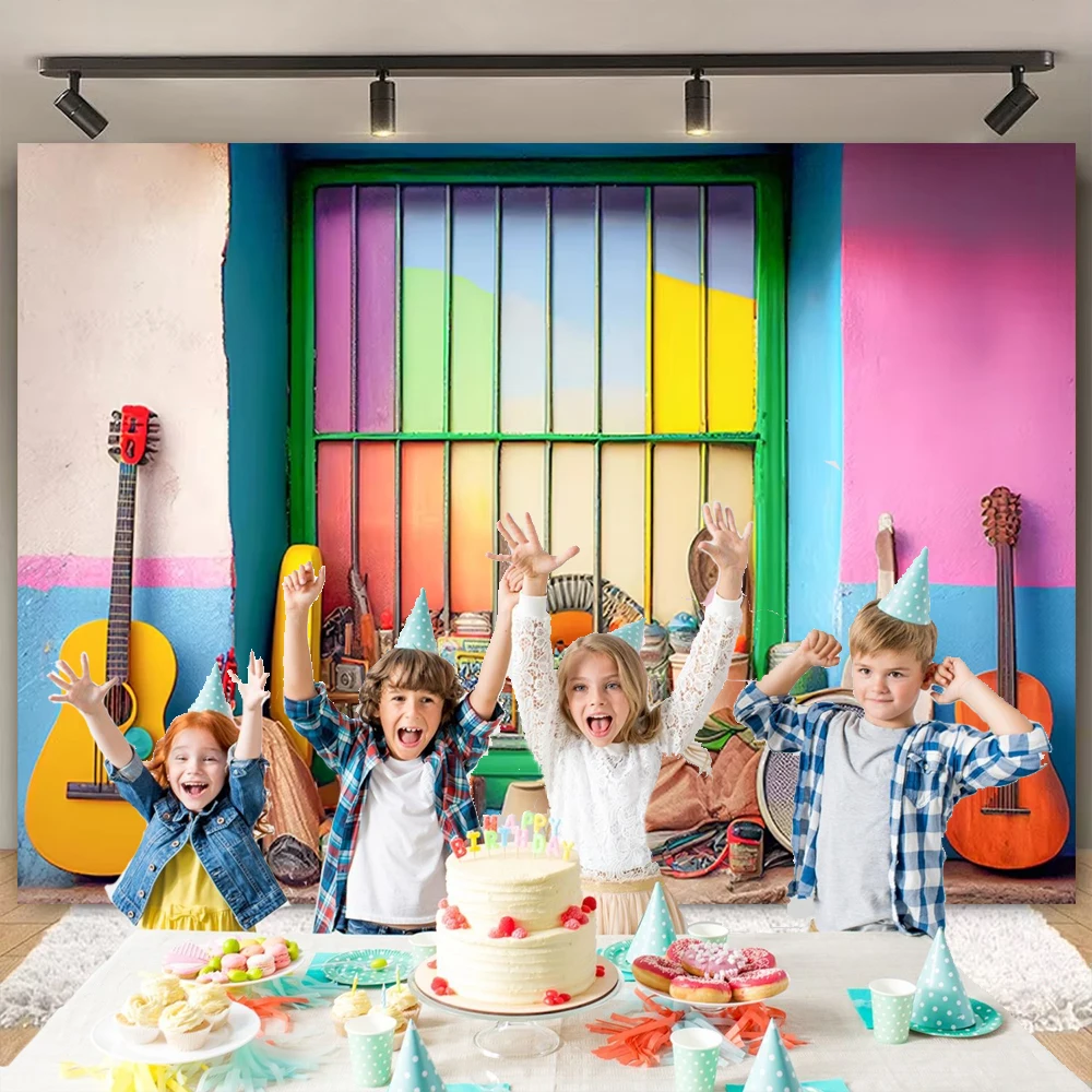 

Retro Style Guitar Tent Photography Backdrops Children Newborn Baby Shower Party Music Magic Forest Cabin Kids Background GQ-01