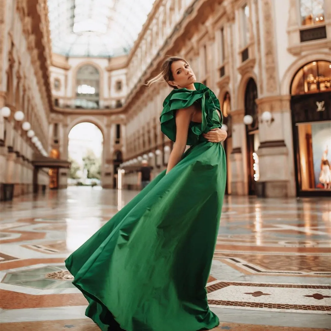 Long Green Satin Prom Dresses with Slit Mermaid V-Neck Pleated Watteau Train Wedding Guest Dress Formal Evening Dress for Women