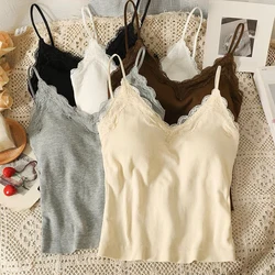 Summer Korean Lace Patchwork Camisole With Breast Pad Women V-neck Sleeveless Slim Tank Top