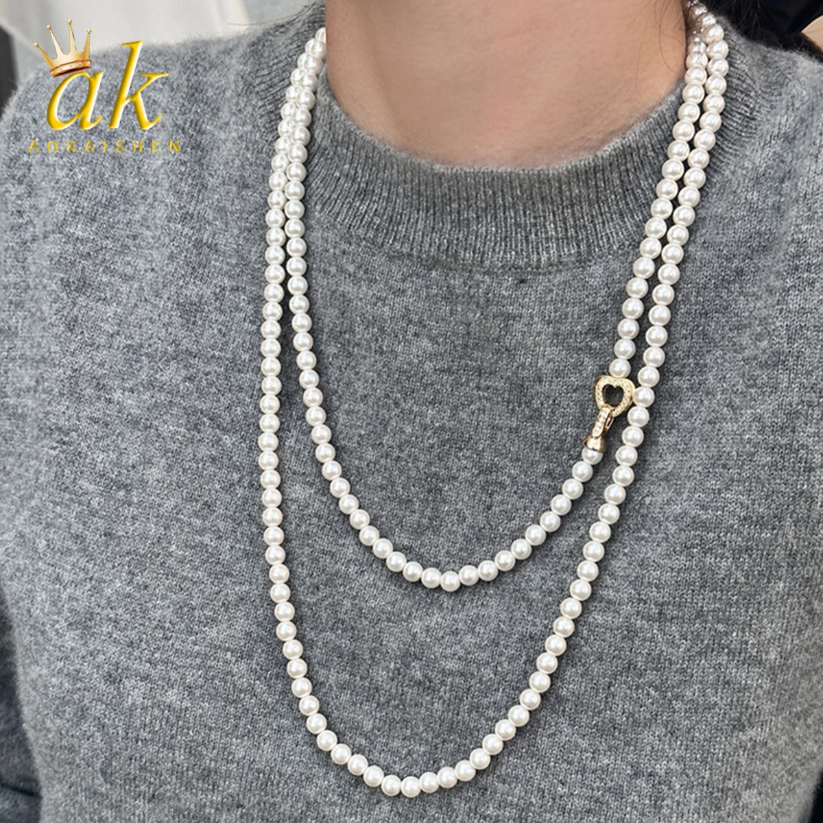 

Aokaishen Grey Women's Pearl Necklace Autumn Winter Female Sweater Chain Long Premium Versatile Double Layered Luxury Jewelry