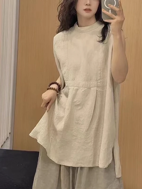 

Summer 2025 Women's Loose Fit Svel Vest Linen irt Double Sided Wear Artistic Pure Color Versatile mid Length Top