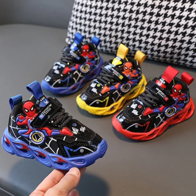 Disney Children's Sneakers Boys Cartoon Spiderman Led Light Sport Shoes Student Shoes Hook Anti-slip Kids Outdoor Shoes