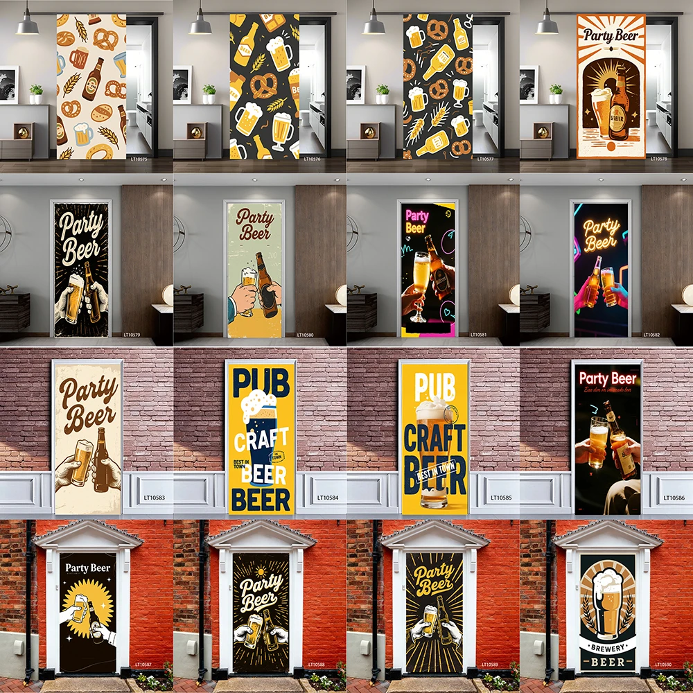 Beer & Pretzel Door Sticker, Removable Peel and Stick Wallpaper, Retro Pub Party Art Mural for Home Bar Decor