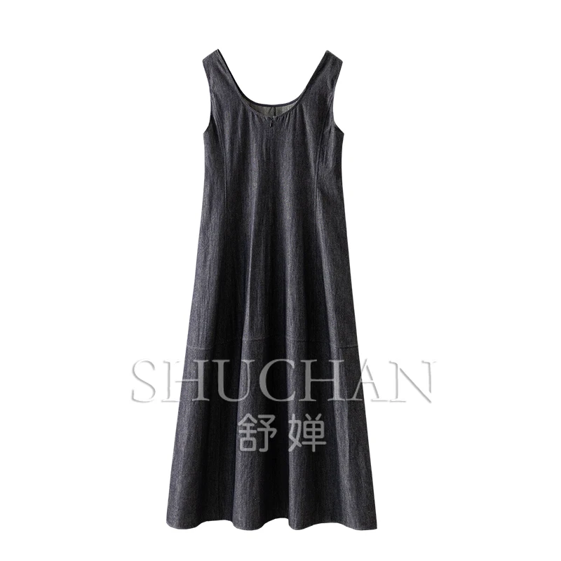 

New Foreign Style Denim Blue Vertical Cut U Neck Sleeveless Vest Tank Dress Women 54B0 Vestidos Elegantes Para Mujer