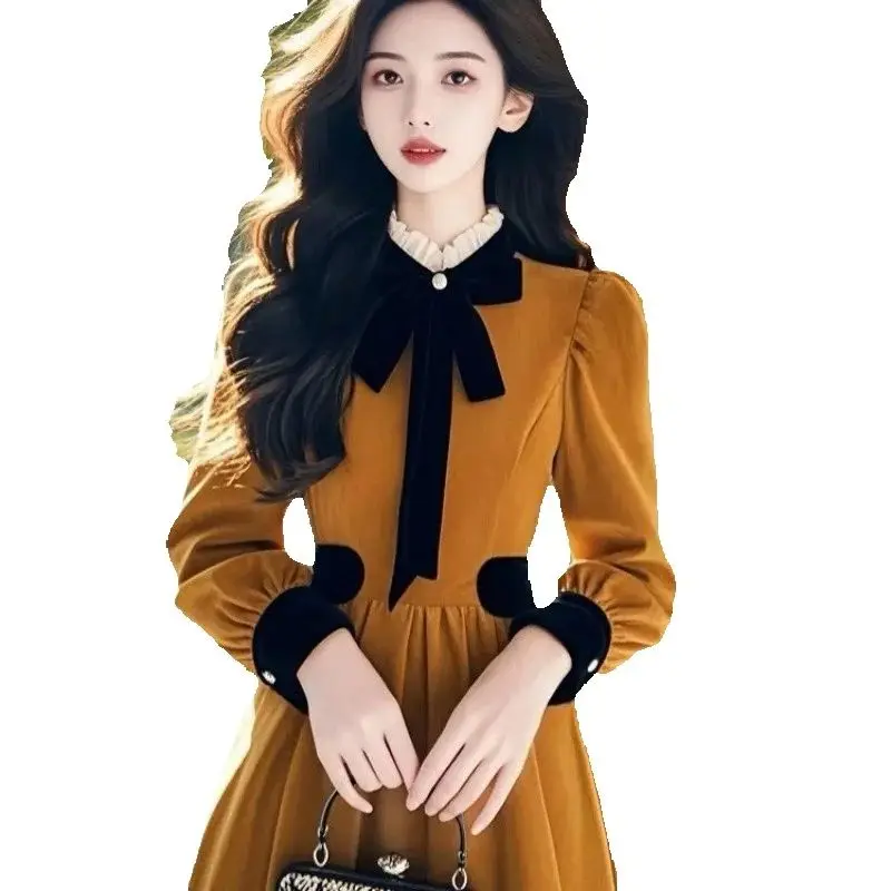 2025 가을 겨울 신상 루즈핏 벨벳 고급 드레스 프랑스 귀족 기질 롱 스커트 키높이/키짧은 여성용