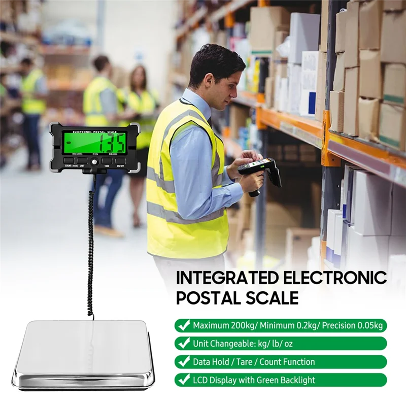 AU61-PS21 Digital Scale 200KG Electronic Postal Scale Stainless Steel Floor Scale LCD Backlight Display Portable Scale