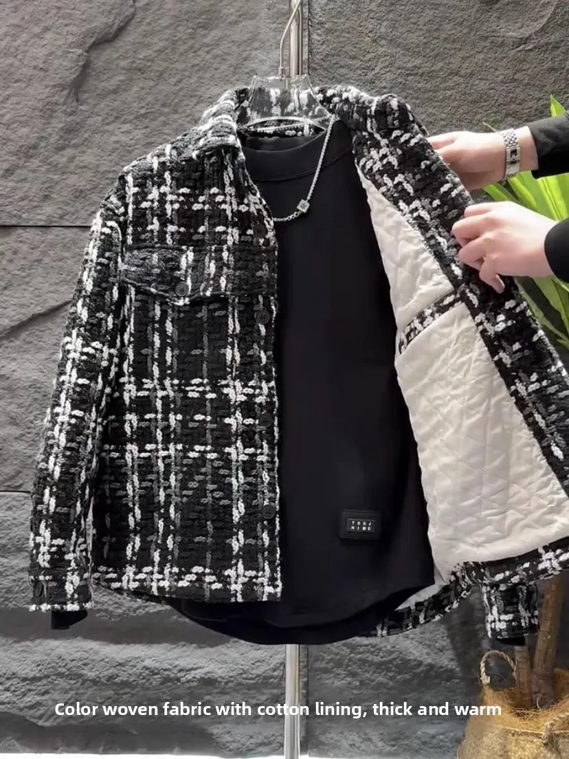 

Autumn Winter Thiened Plaid down Cotton Jaet Men's Trendy Loose Haome Two Cotton Interlined Coat Youth ular Sle