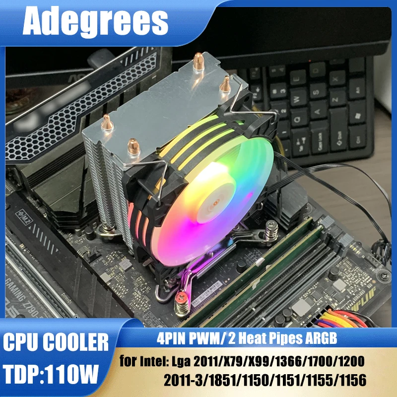 2 Heat Pipes ARGB CPU Cooler Tower PC Radiator 5V-3PIN Silent RGB Fan For Intel 1700 1200 1150 1155 1156 1366 2011 X79 X99