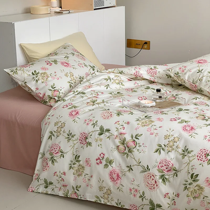 

Retro style all cotton 40 count combed cotton printed floral four piece set pure cotton three piece set duvet cover bed sheet be