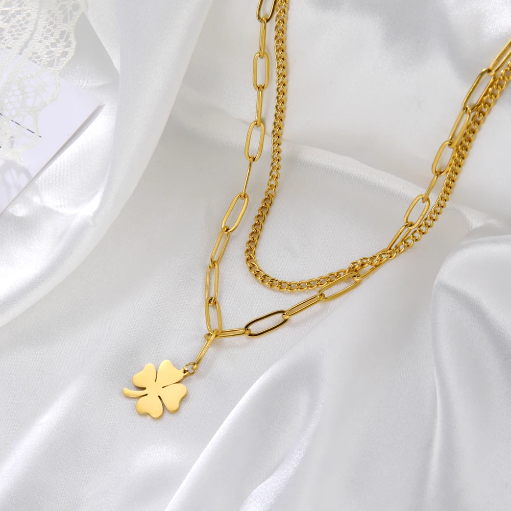 Kkjoy Edelstahl Pflanze Vierblättriges Kleeblatt Anhänger Halskette Mode Elegante Feminine Kurze Schlüsselbein Kette Halskette Schmuck – Detail 28
