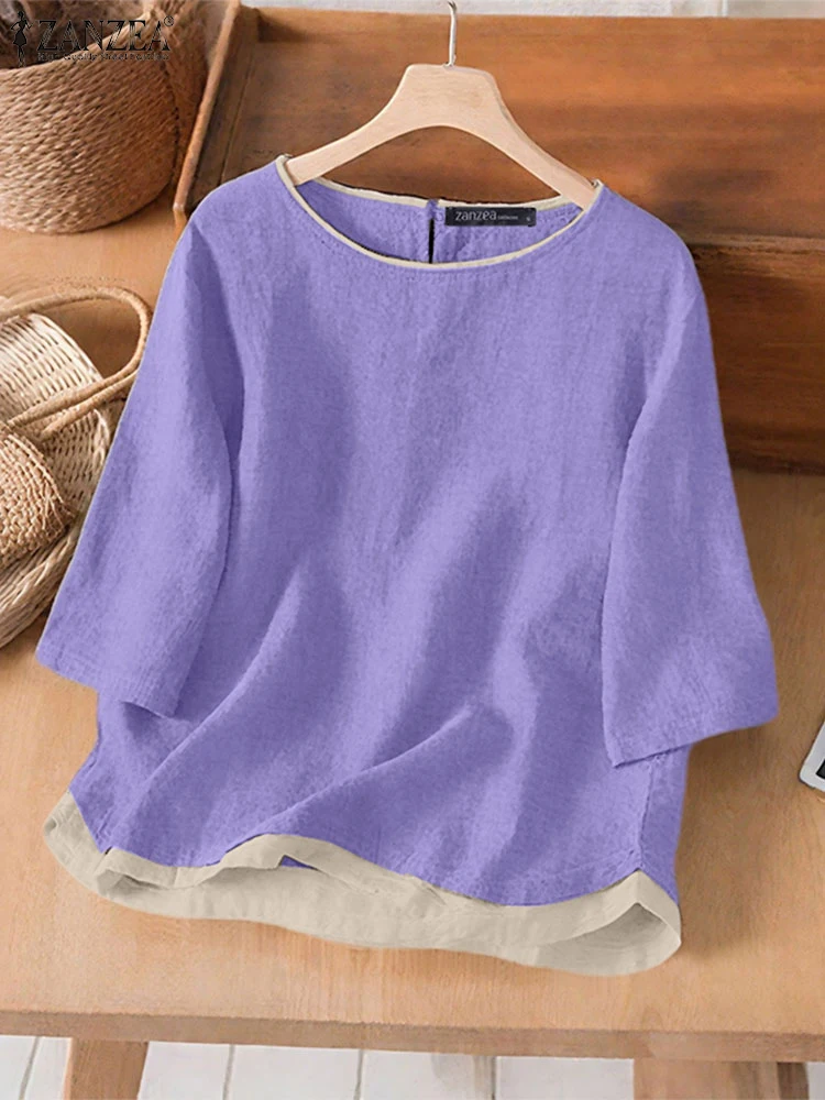 

ZANZEA Vintage Womens Blusas Mujer Fake Two-Piece Casual Loose O-Neck Solid Color Blouses 2025 Summer Day Wear 3/4 Sleeve Tops
