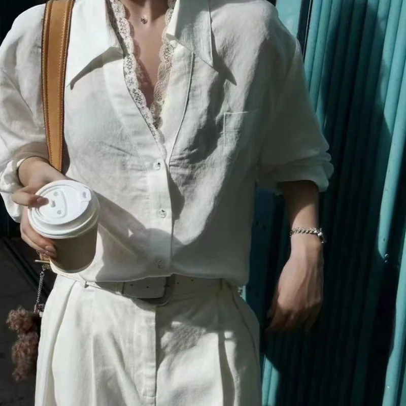 

White Shirts 2026 Women's Clothing Patchwork Lace V-neck Long Sleeve Blouses Camisas De Mujer Fashion Summer Loose Blouse Tops