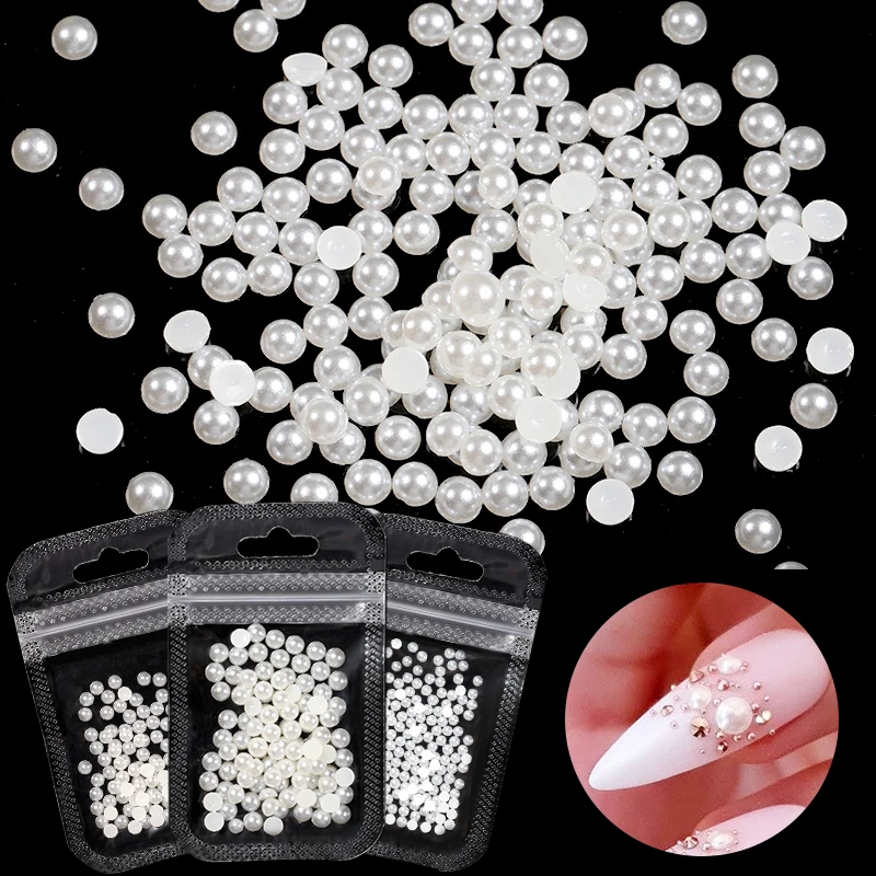 Nail Art Rhinestones Half Round Pearl Bead Mixed Size White Half Round Flatback Pearls For DIY Decoration Nail Bead Stones