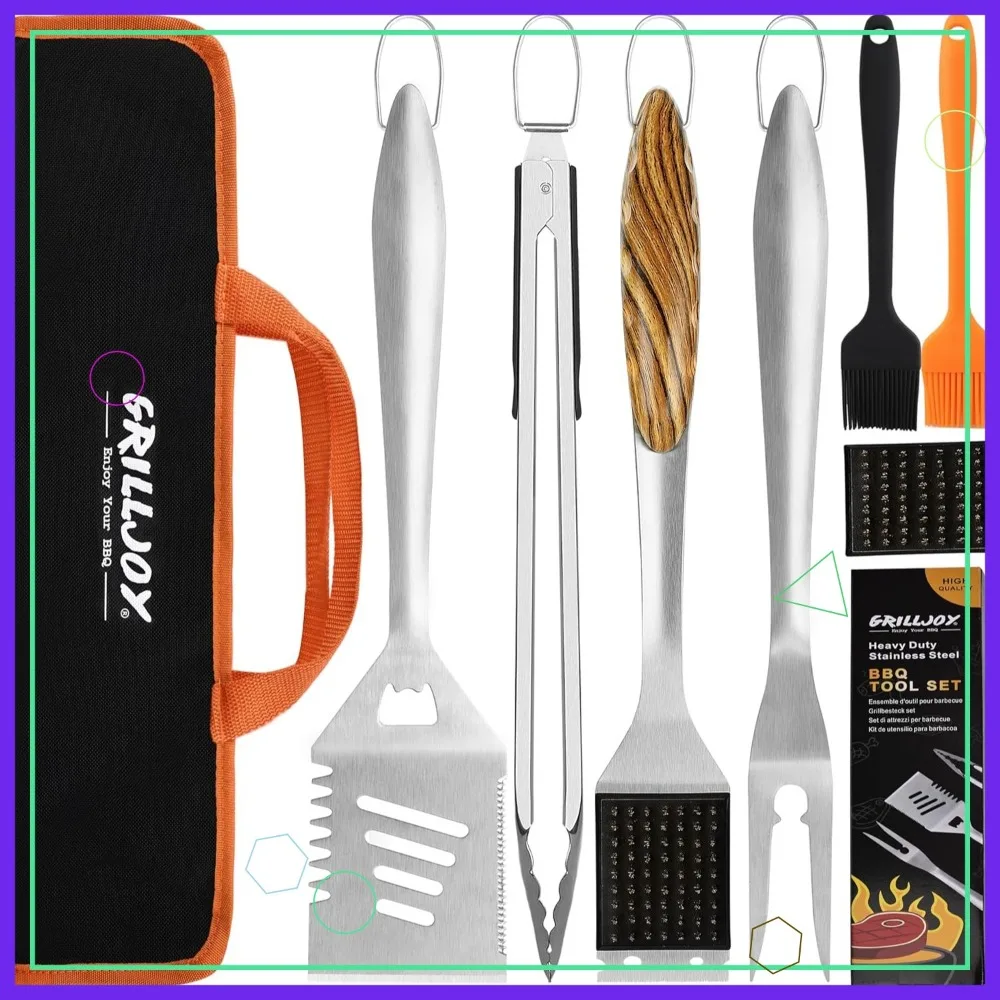 

8PCS Heavy Duty BBQ Grill Tools Set with Stainless Steel Spatula, Fork, Tongs & Brush - Complete Barbecue Accessories Kit