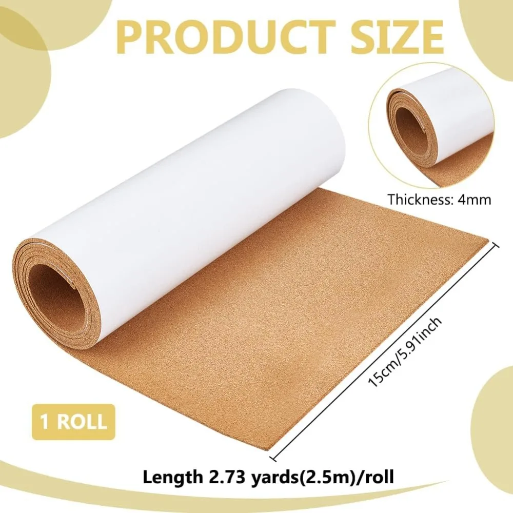 Self-Adhesive Cork Roll, 4mm Thick Natural Sticky Cork Bulletin Boards for DIY Craft Kitchen Office School, 98.4x5.9 Inch