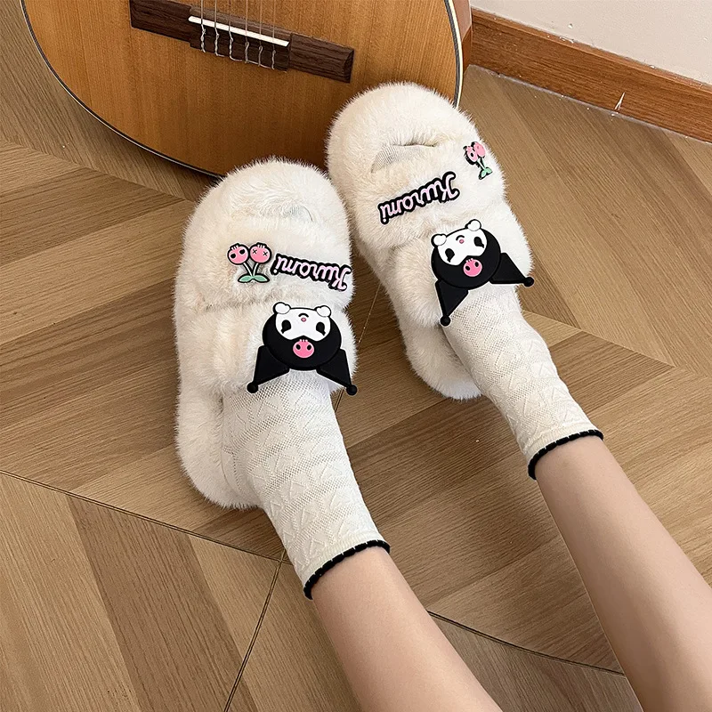 Sanrio Kulomi cartoon fashion thick bottom non-slip one-word drag women wear new plush warm cute cotton slippers in winter