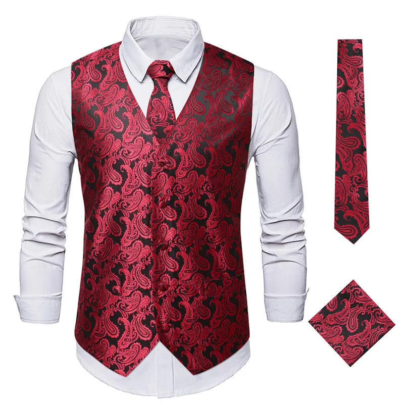 

2023 New Men Jacquard Suit Vest Summer Men's Wedding Ball Party Dress Top Loose Spliced Waistcoat Size 3XL-S