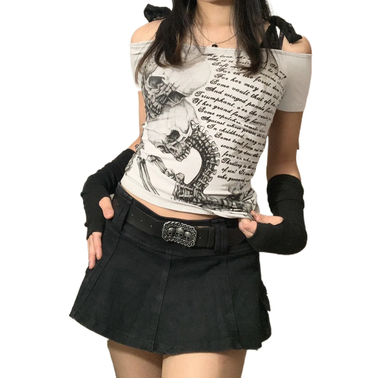 Women Fashion Wild Gothic T-Shirts Skull Letter Print Off-Shoulder Boat-Neck Short Sleeve Tops Summer Slim Fit Streetwear