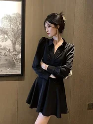 Female Shirt Dress Short Black Mini Pleated Tshirts Women's Long Sleeve Dresses on Sales Cheap Casual Korean Style A Line Cotton