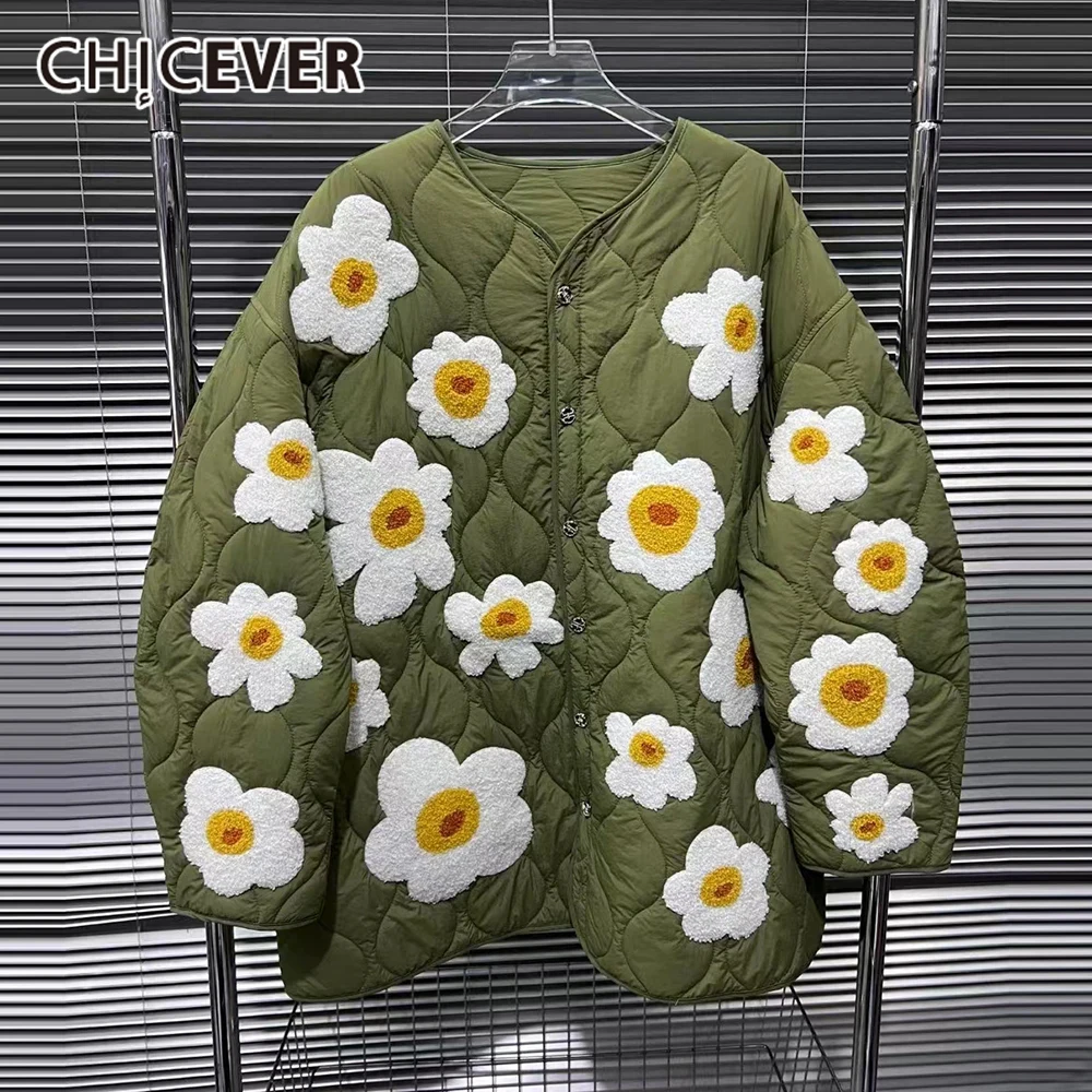 

CHICEVER стеганые пальто с цветочной вышивкой для женщин, свободный однобортный пуховик с v-образным вырезом и длинными рукавами, женский зимний пуховик