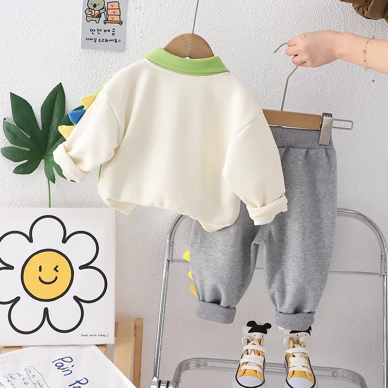 Spring Autumn Baby Boy Clothes 1-5T Cartoon Turn-down Collar Long Sleeve T-shirts Tops and Pants Two Piece Set Kids Boys Suit