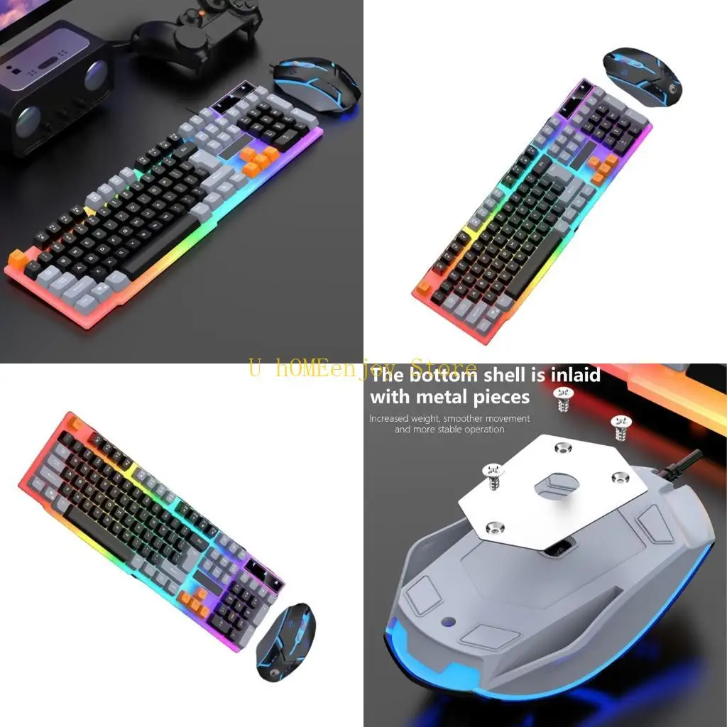 

B0KF Corded Gaming Keyboard and Mouse Combo LED Backlit Mechanical Keyboard 1600DPI Mouse Keyboard PC Gamer Accessories