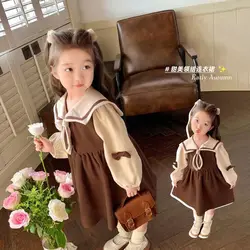 2024New Spring and Autumn Dress Girls' Sailor Collar Preppy Style Long Sleeve Princess Dress