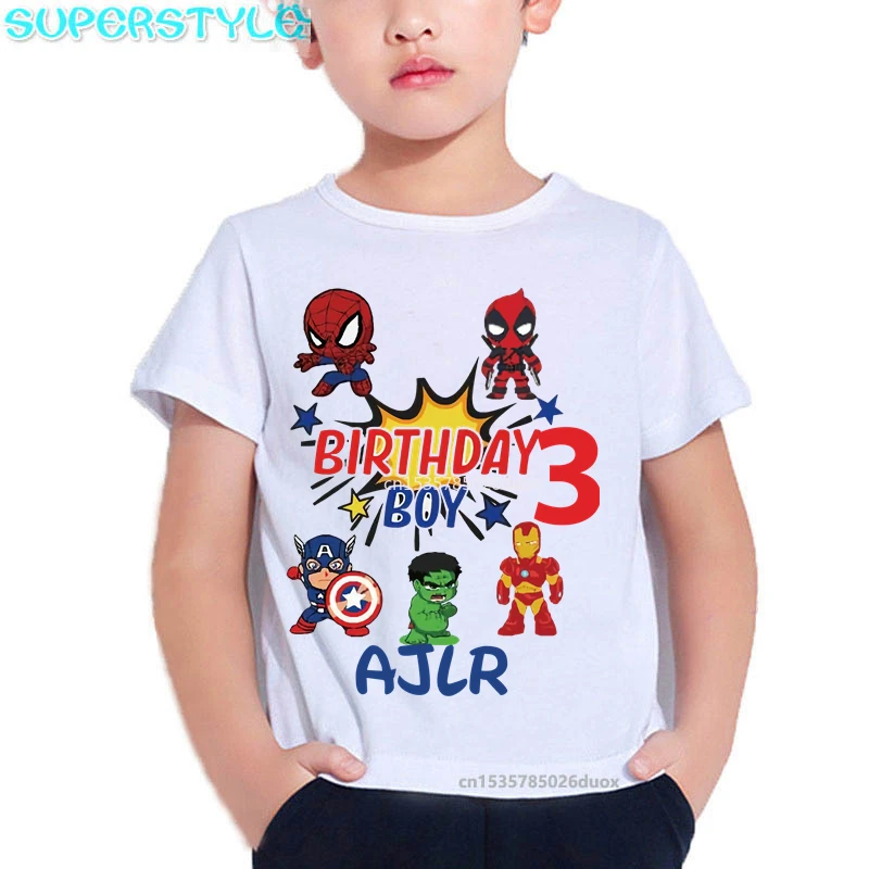 SuperHero Birthday Boy Summer Short Sleeved T-shirt Marvel Spiderman Iroman Captain America Hulk Personalized Name Girls Shirts