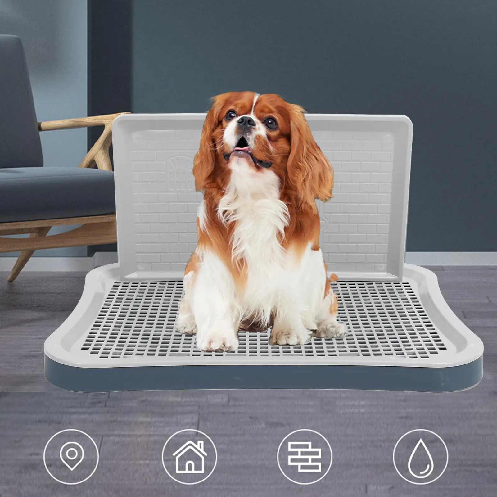 Portable Dog Potty Station With Wall Column Removable Mesh Tray For Puppy Training Indoor Outdoor Use Navy Blue
