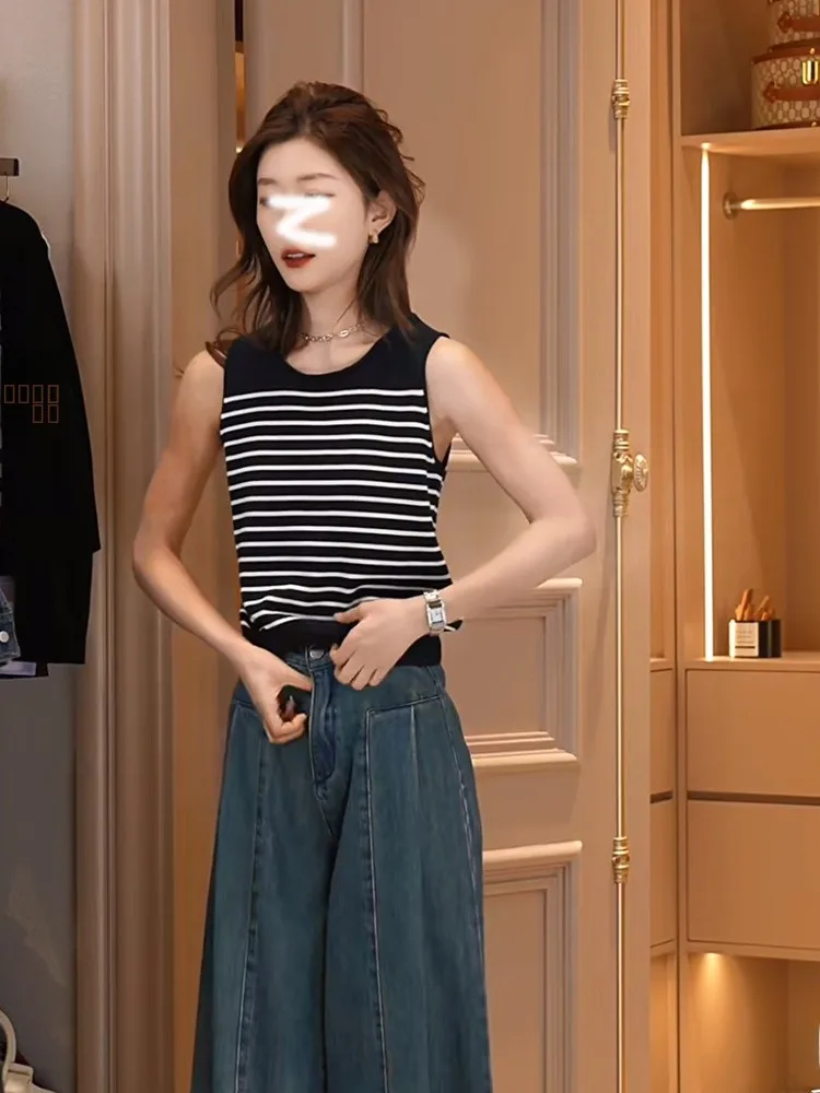 

Donna Women's round Ne Striped Svel Knitwear Thin Summer Vest Outerwear Top Commute Sle Loose Fit Polyester Fiber