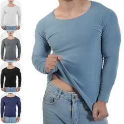 Chemises thermiques à manches longues pour hommes, sous-vêtements pour temps froid, haut à col rond, couche de base doublée sourire, grand maillot de corps chaud, grande taille, hiver