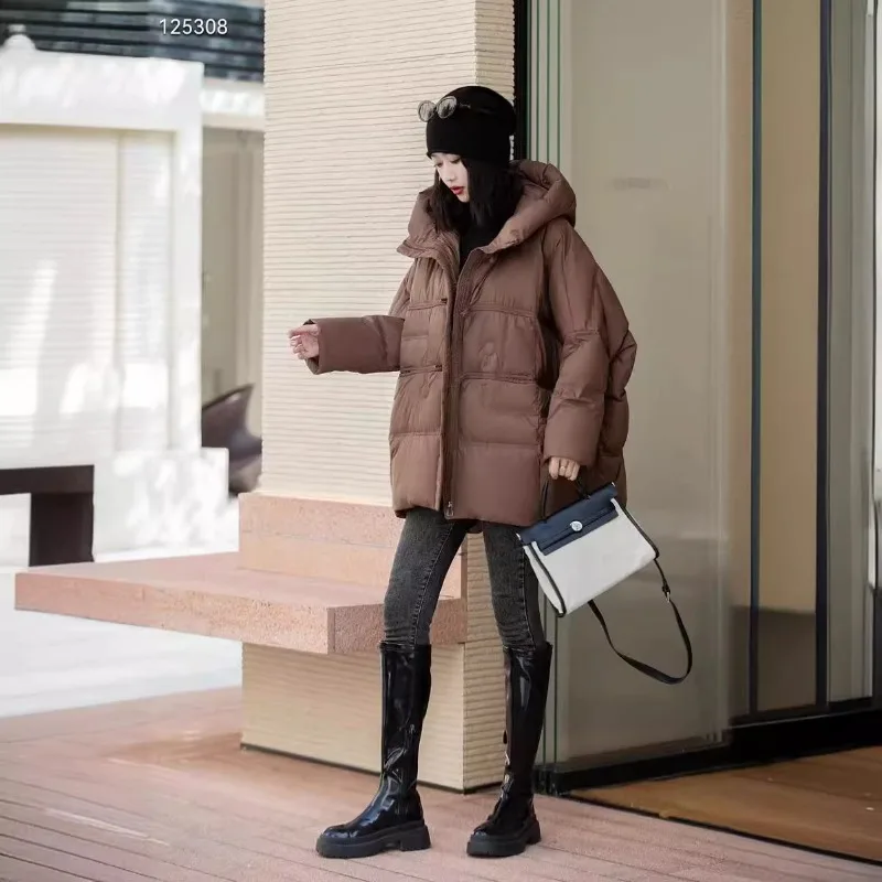 婦人服ダウンジャケットダックダウン新スタイル厚みのあるミッドレングス韓国スタイルルーズフィットフード付きプラスサイズファッショナブル