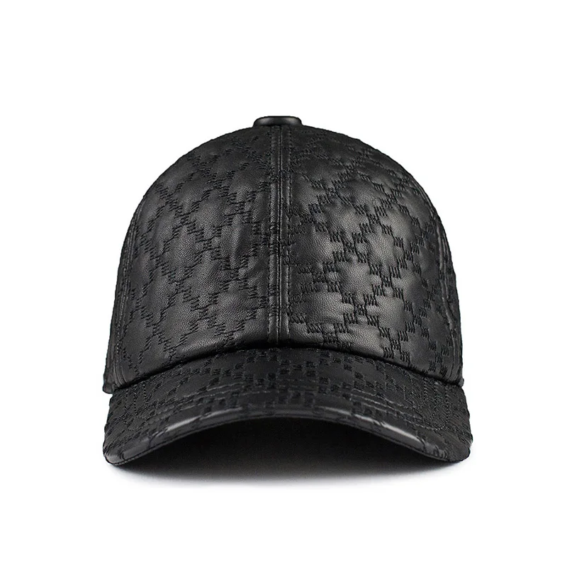 Men Trucker Hats Unisex Genuine Leather Rhombus Check Embroidered Baseball Cap Women Retro Casual Peaked Hat Male Fishing Gorra