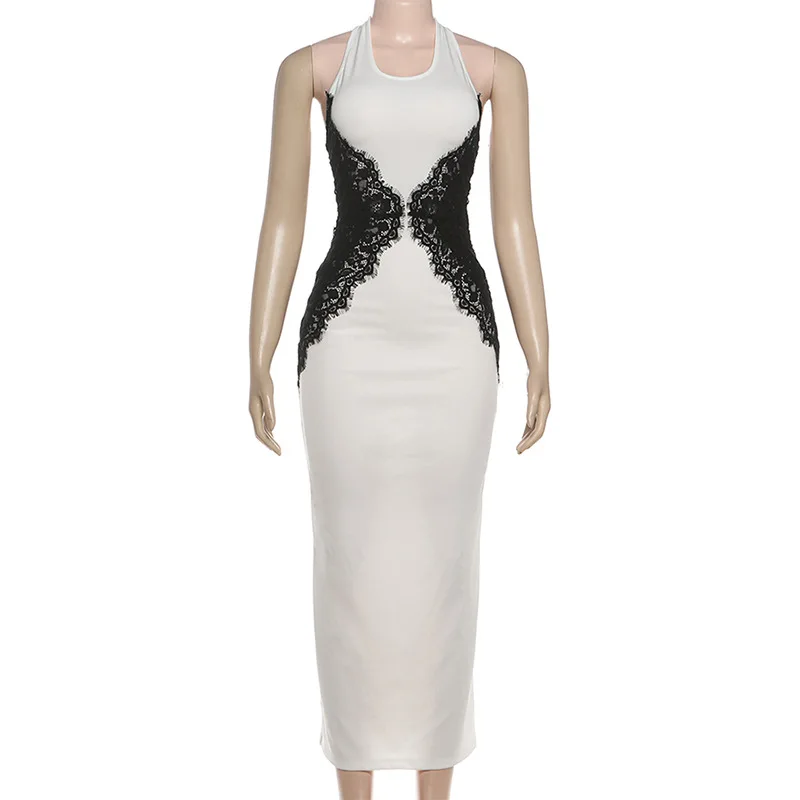 Kant Patchwork Halter Backless Bodycon Maxi Feestjurk Vrouwen Elegante Sexy Mouwloze Rug Split Slanke Banket Verjaardag Lange Gewaad