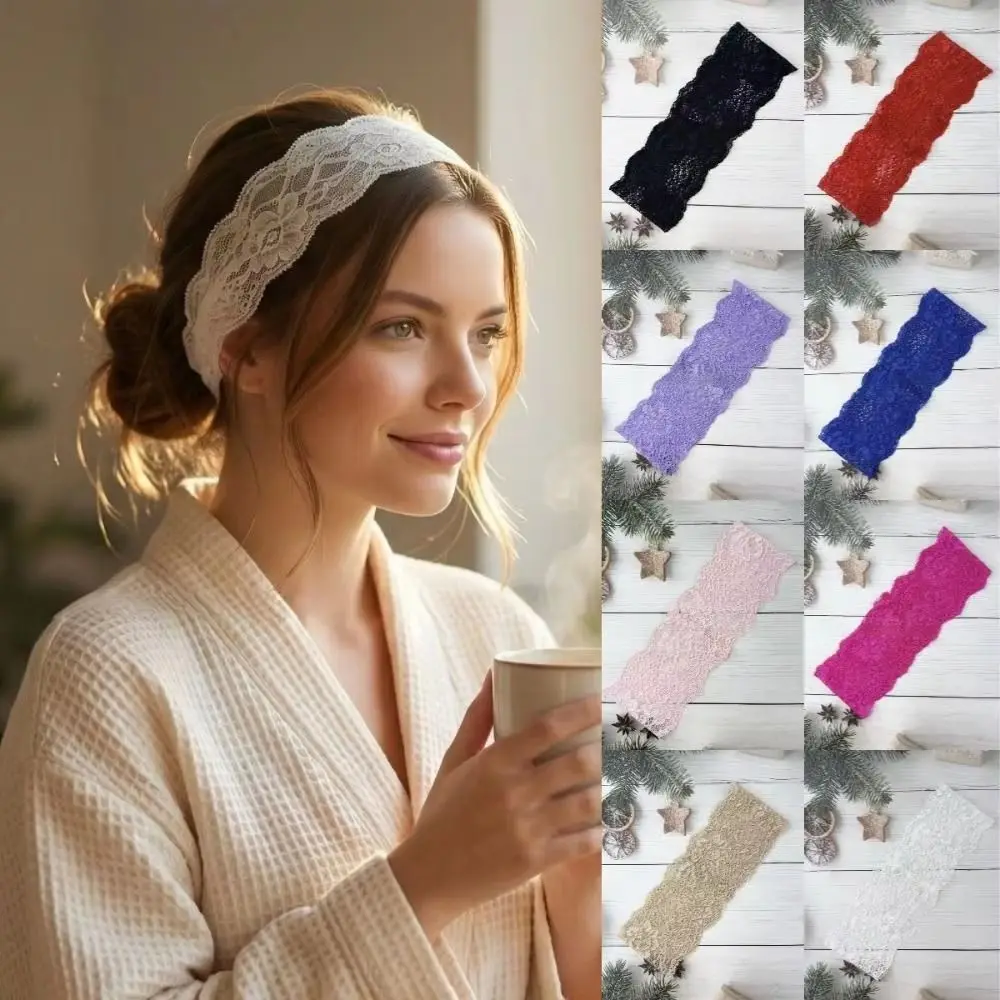 Fashion Adjustable Hollow Lace Headband Floral Flower Elastic Hair Band Supporter Gear Solid Color Wide Headband For Women image 4