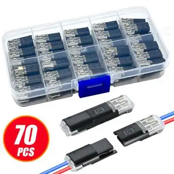 70 Stück Schnellverbindungs-Kabelklemmen, PVC-isoliert, Kupferkontakt, 2-polig, 2-Port, kein Abisolieren erforderlich, Verriegelungsverschluss für LED-Kabel