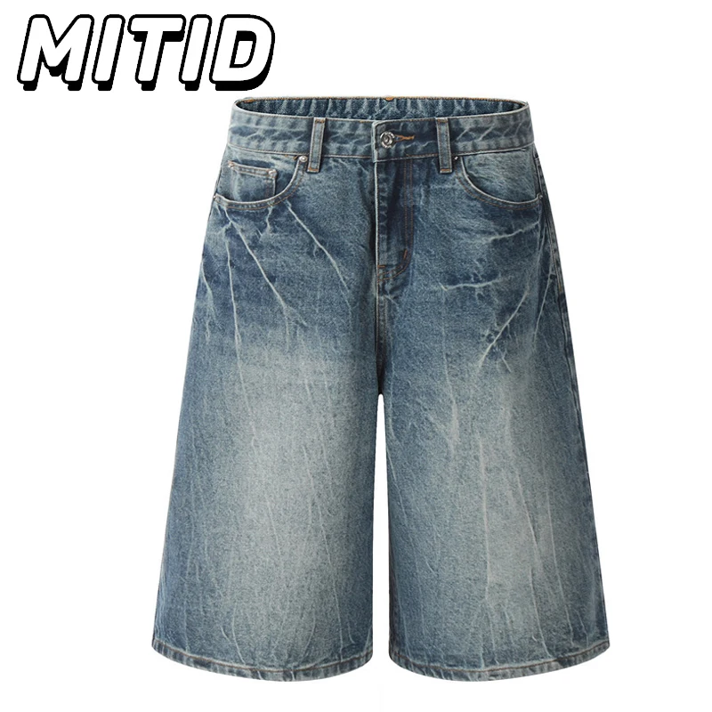 

New Mens Jeans Japanese Streetwear Washed Distress Baggy Wide Leg Design Cargo Pants Summer Fashion Casual Knee Length Pants Man