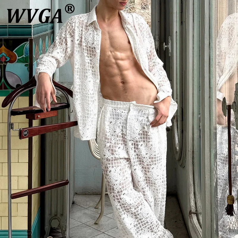

WVGA Long Sleeved Shirts Spring Autumn New Man Hollow Out See Through Sexy Trendy Design Straight Pants Two Piece Set Ins W11474