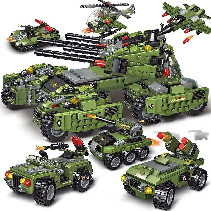 6 IN 1 Military Truck Panzer Tank Ww2 Germany Soldier Figures Building Blocks World War II DIY Brick Kids  Model Toys