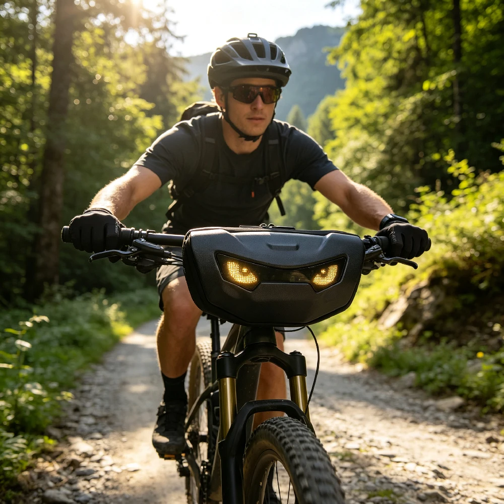 Smart LED Pixel Bike Handlebar Bag, Bluetooth APP Controlled Front Storage Pouch,Bicycle Phone Bag Compatible with MTB & E-Bikes