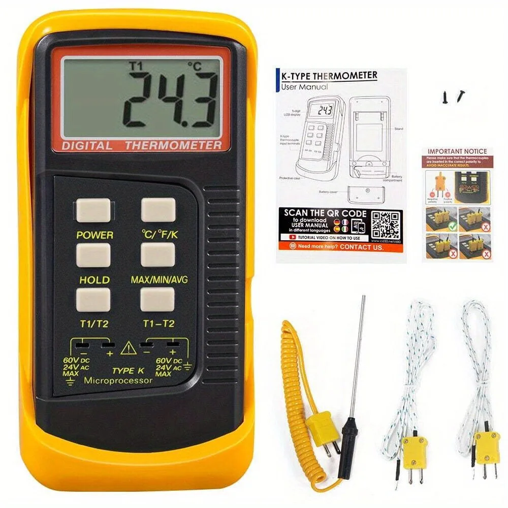 Digital Thermometer Handheld & Desktop Use Large LCD Display Multi-Color Yellow & Black High Accuracy with K-Type Sensor