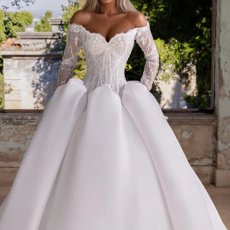 

White Wedding Dresses off-shoulder glitter corset A Skirt decal long sleeves Long tail Bridal Gowns Made Customized