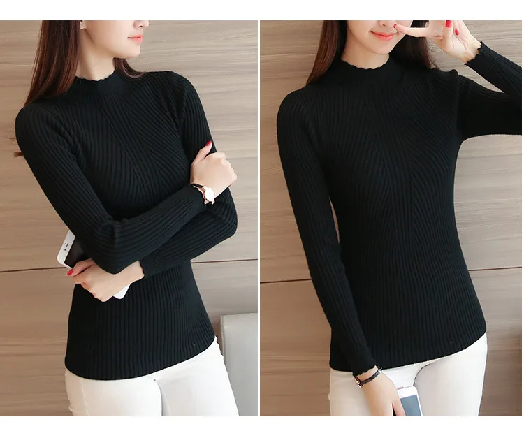 2026 Herbst Damen Mock Neck Rüschen Pullover Langarm Gestrickter Einfarbiger Pullover Gestreifter Damen Freizeitpullover Winter – Detail 2