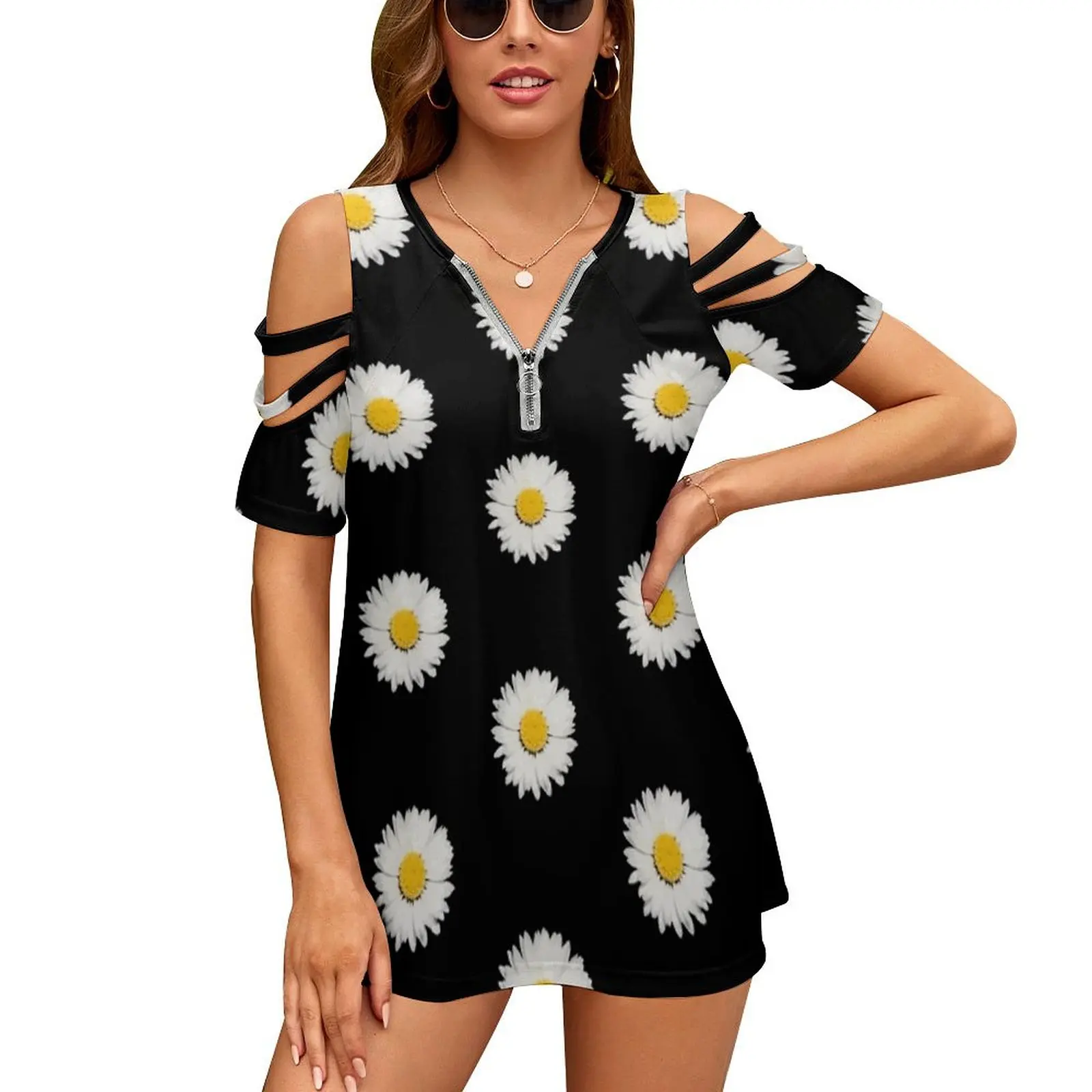 Nine Common Daisies Isolated On A Black Background Women Zipper Sexy Printed Vintage T Shirts Tops Full Print T-Shirt Yellow