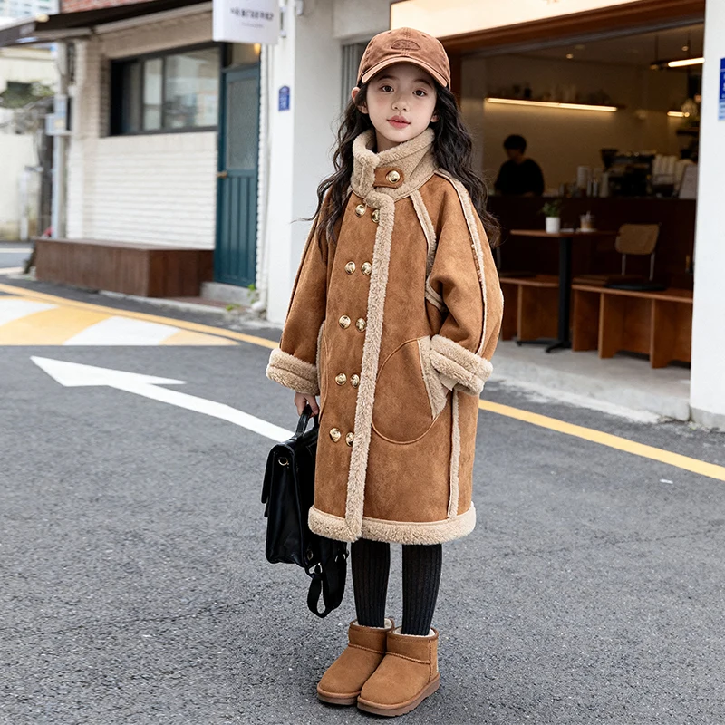 Girl's Jackets Thick Warm Solid Suede Reversible Jacket Plus Long Size Outer Two Side Coat Children Overcoat Winter Autumn 2025
